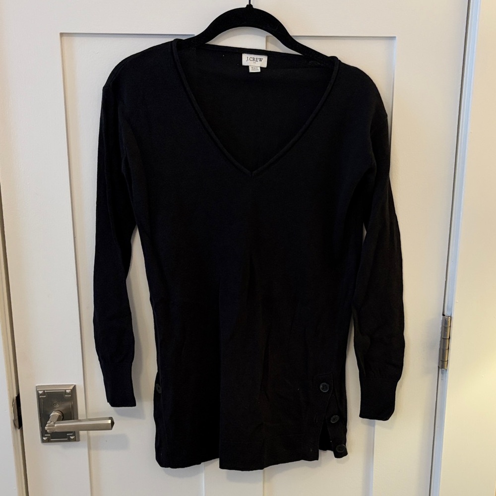 J. Crew Linen Blend Black V-Neck 3/4 Sleeve Sweater with Button Accents